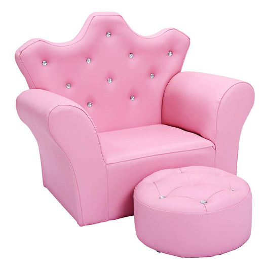 Children Upholstered Sofa with Ottoman, Princess Sofa with Diamond Decoration