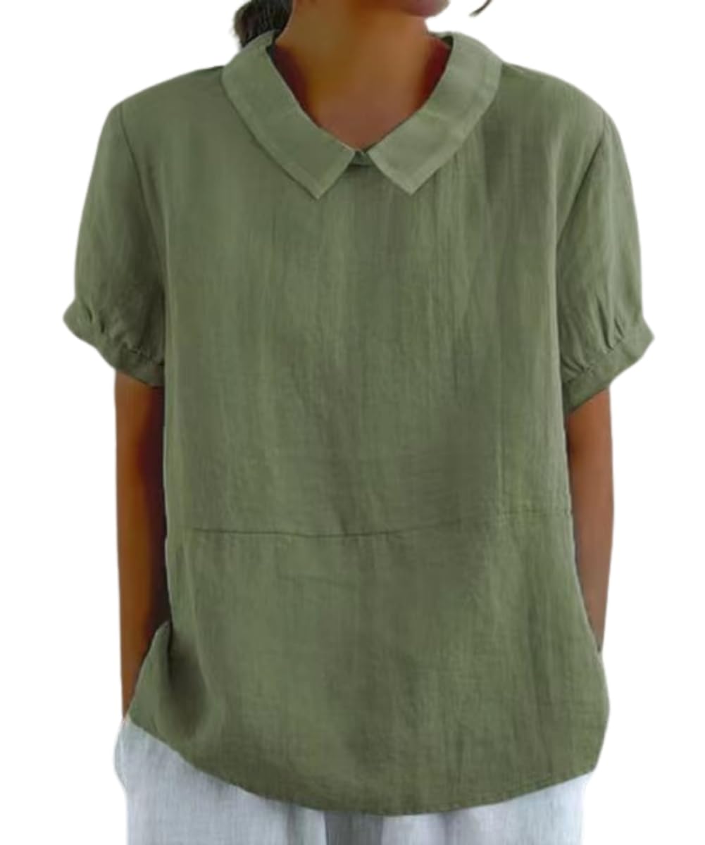 Cotton Linen Shirts Short Sleeve Casual Collared Work Blouse Tunic Tos