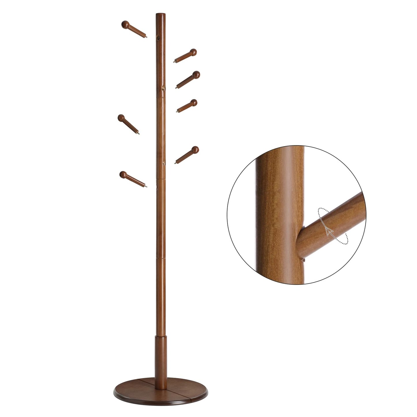 Solid Wood Coat Rack – Free-Standing Tree with 8 Hooks, Adjustable Height for Coats, Hats, and Bags