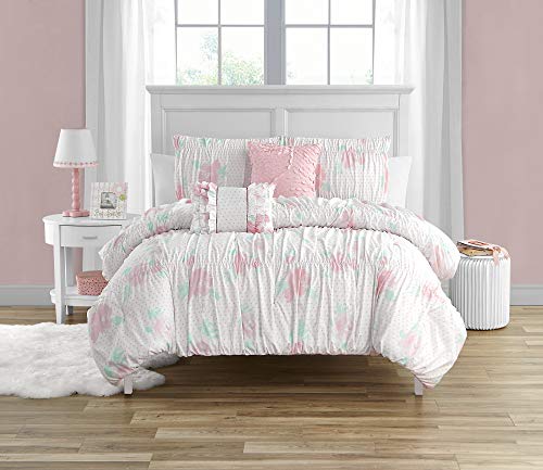 Pretty Floral 4-Piece Comforter set with Smocking and Ruffled texture, Girls, Teen bedding, Shabby Chic, White/Pink/Aqua