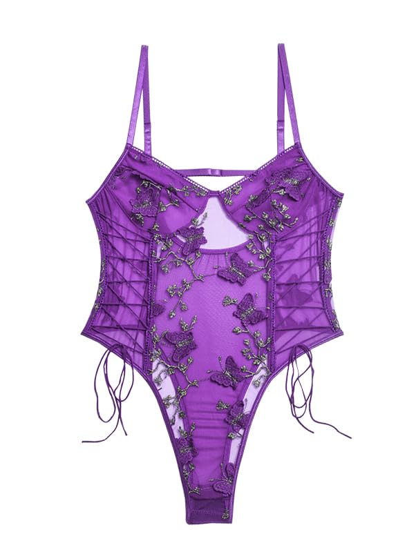 Women Sexy Lace Up Lingerie - Floral Embroidered Teddy Bodysuit Top Mesh Sheer One Piece