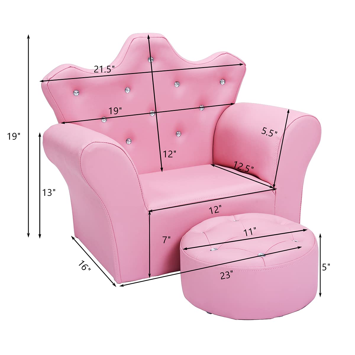 Children Upholstered Sofa with Ottoman, Princess Sofa with Diamond Decoration