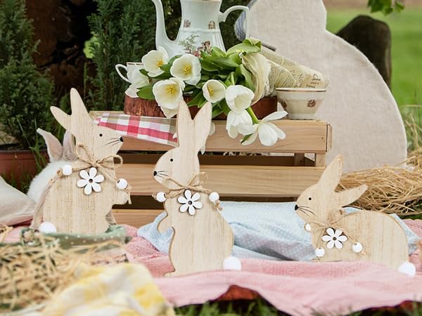 Easter Bunny Table Wooden Sign Decorations for Home, 3 Pieces Rabbit with Pompom Ball