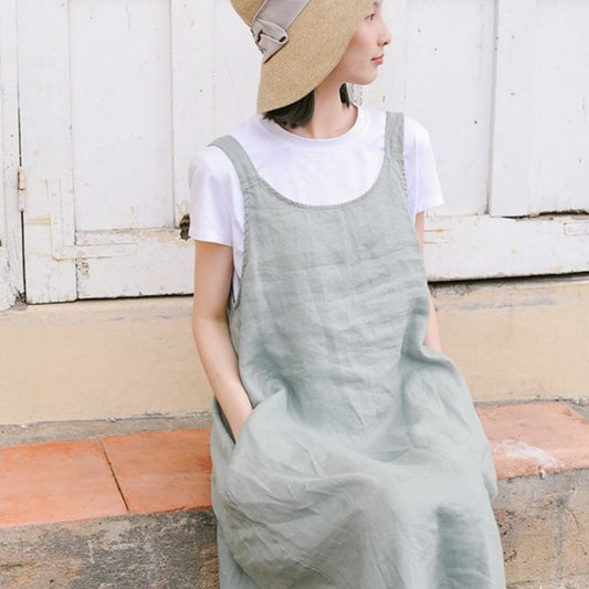 Women Back Landscape Younger Cotton Linen Sleeveless Dress