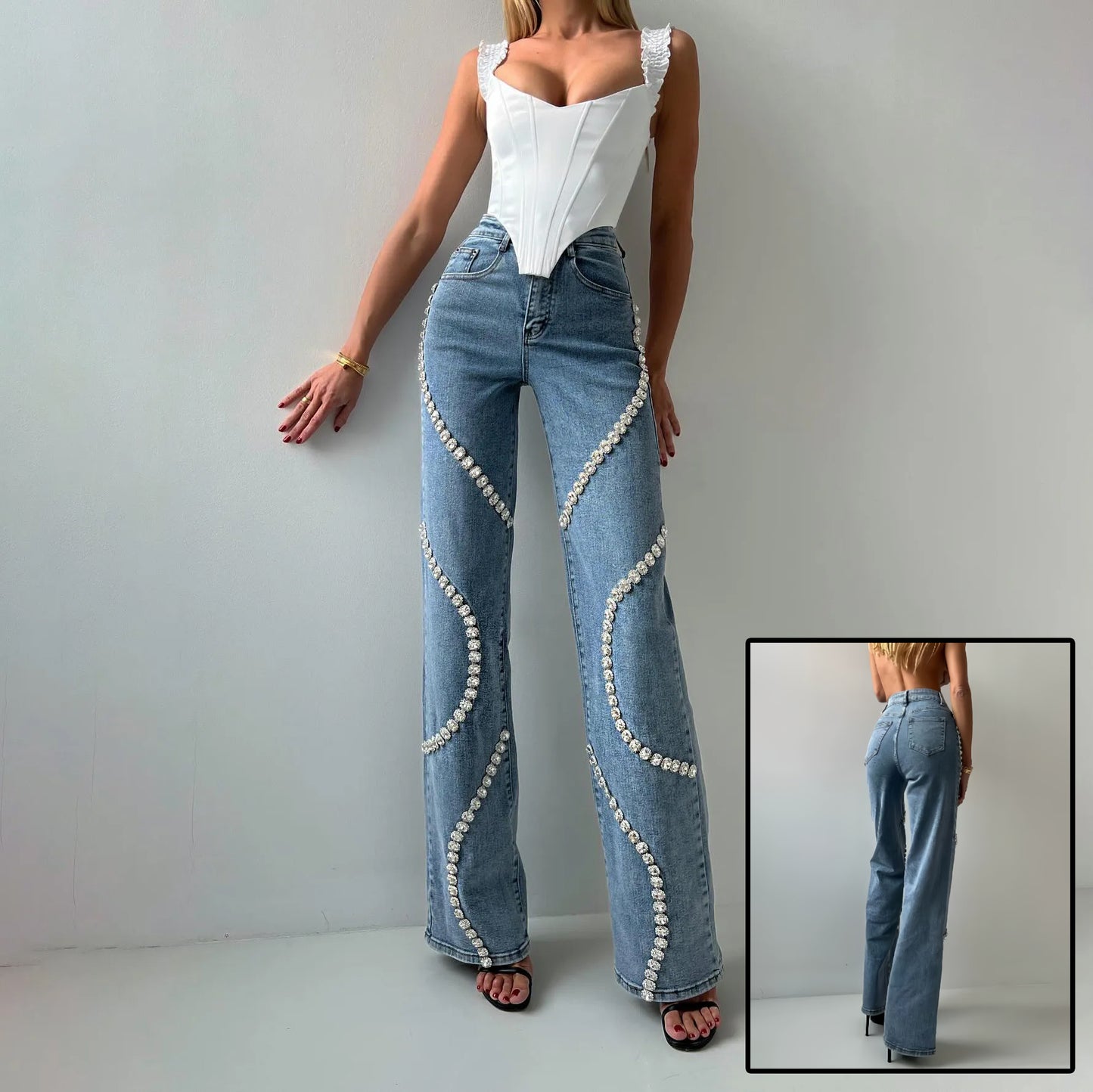 Loose Straight Leg Jeans And Fashionable Casual Pants With A Rhine Stone Denim Design