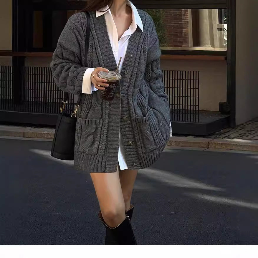 Solid Color Cable-knit Sweater Knitted Cardigan Jacket