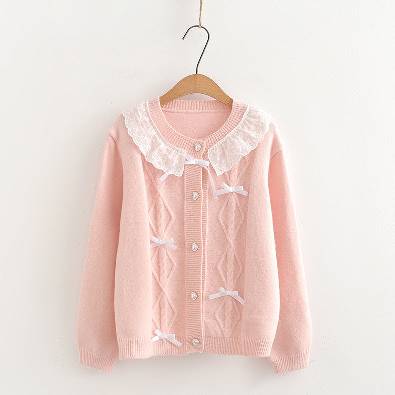 Women Bow Lace Trim Patchwork Sweater Top