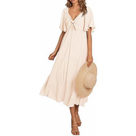 Women's Clothing Spring And Summer Bow V-neck Pleated Mid-length Short Sleeve Dress