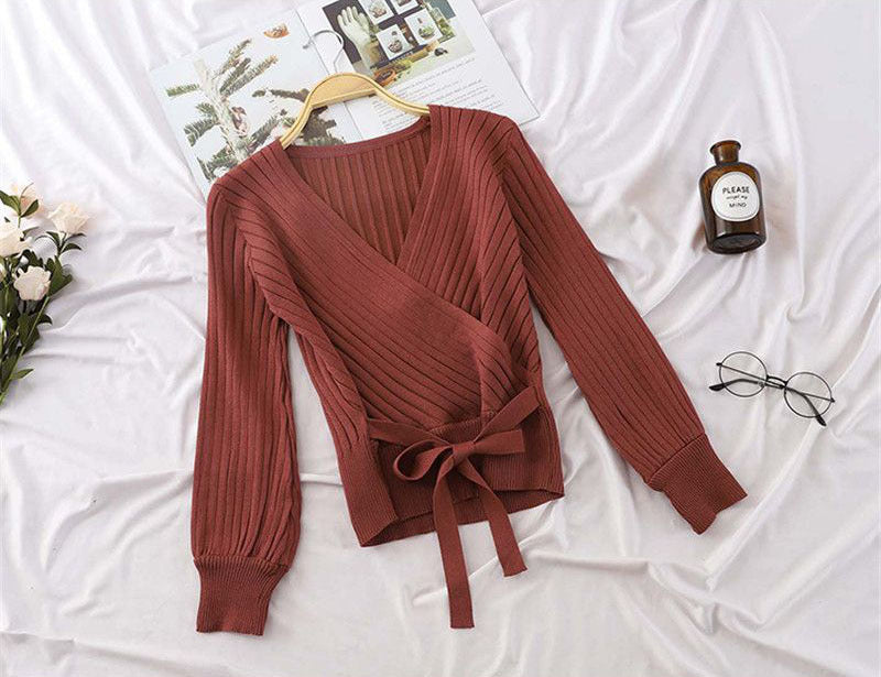 Women V-Neck Waist Belt Bow Knit Pullover Sweater Top