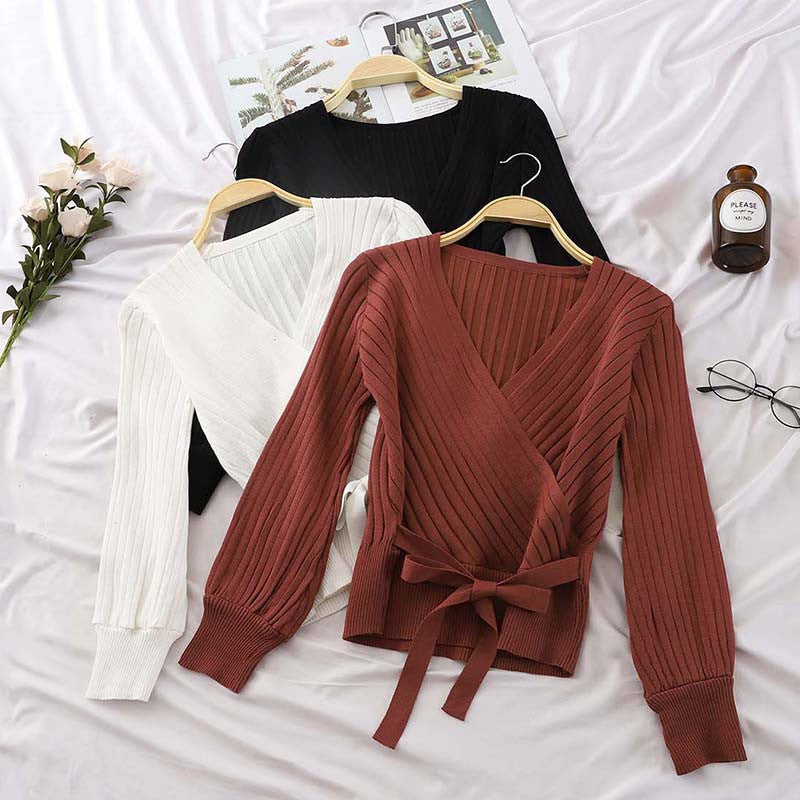 Women V-Neck Waist Belt Bow Knit Pullover Sweater Top