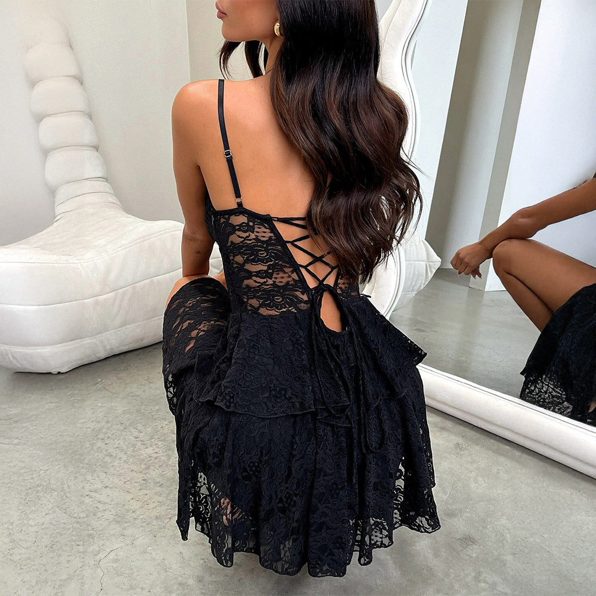 Sheer Cutout Lace Sling Dress