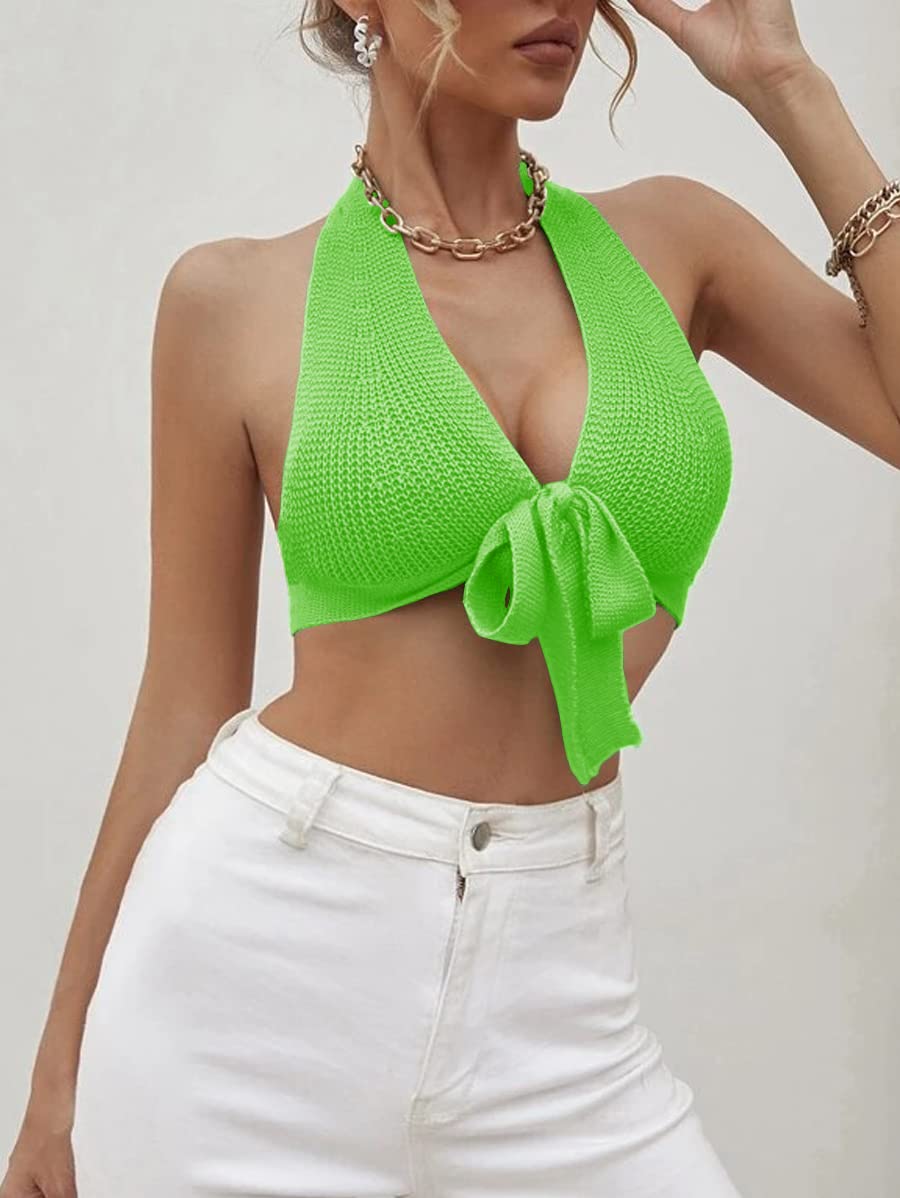 Women's Sexy Deep V Neck Crop Tops Halter Knit Ribbed Bow-Knot Front Backless Cleavage Cropped Tank Top