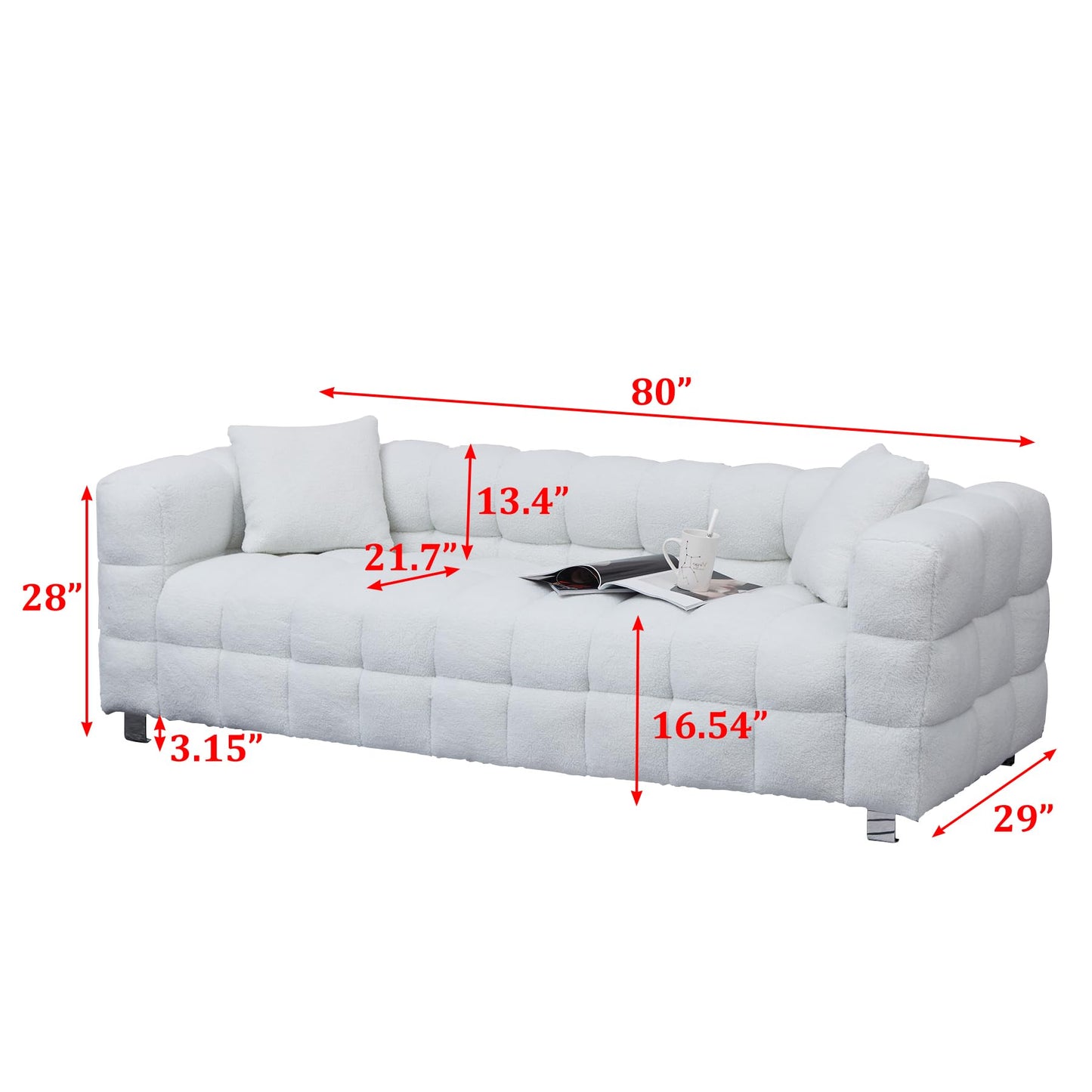 Modern Sofa Couch with Metal Legs Upholstered Tufted 3 Seater Couch with 2 Pillows Decor