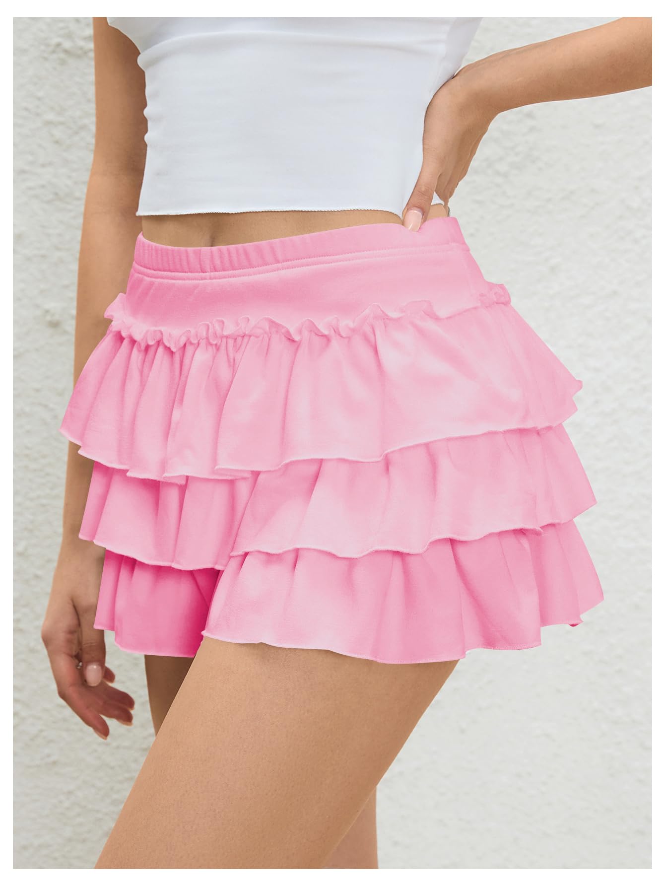 Women's Bow Back Mini Skirt Elastic Low Waist Layered Ruffle Hem Short Cake Skirts