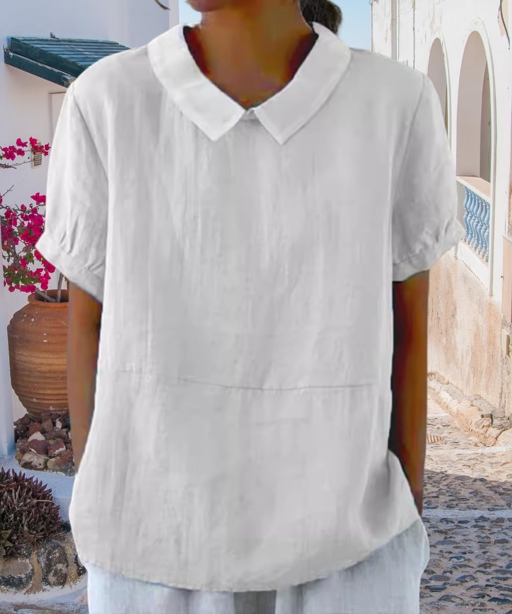 Cotton Linen Shirts Short Sleeve Casual Collared Work Blouse Tunic Tos