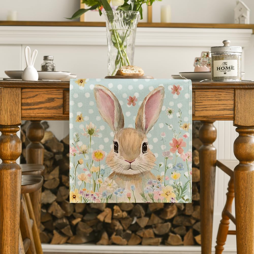 Floral Bunny Rabbit Easter Table Runner, Seasonal Spring Kitchen Dining Table Decoration for Home Party Decor 13x72 Inch