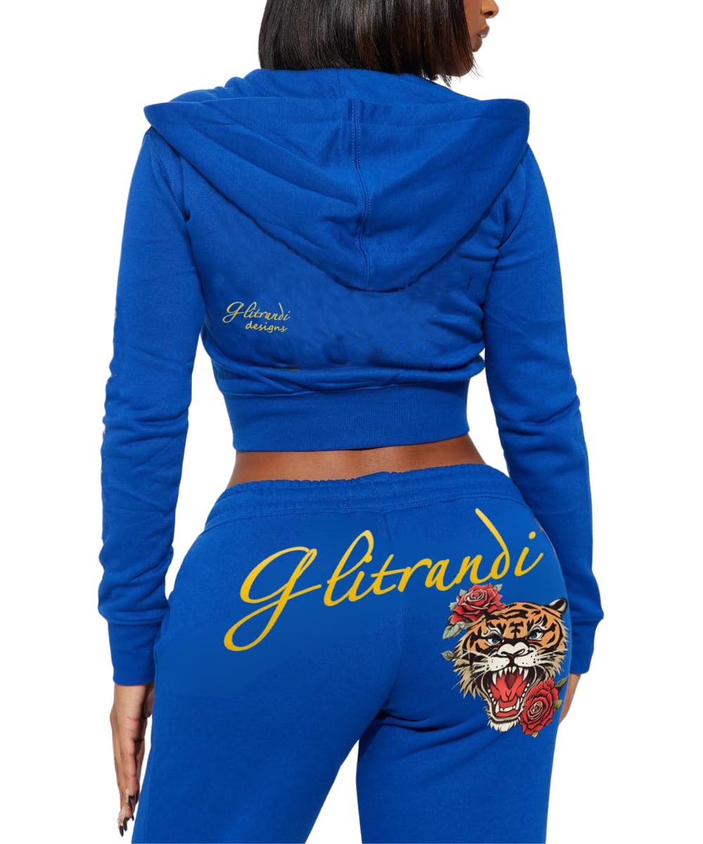 Womens 2 Piece Cropped Hoodies Jacket Sweatpants With Pockets Tracksuit