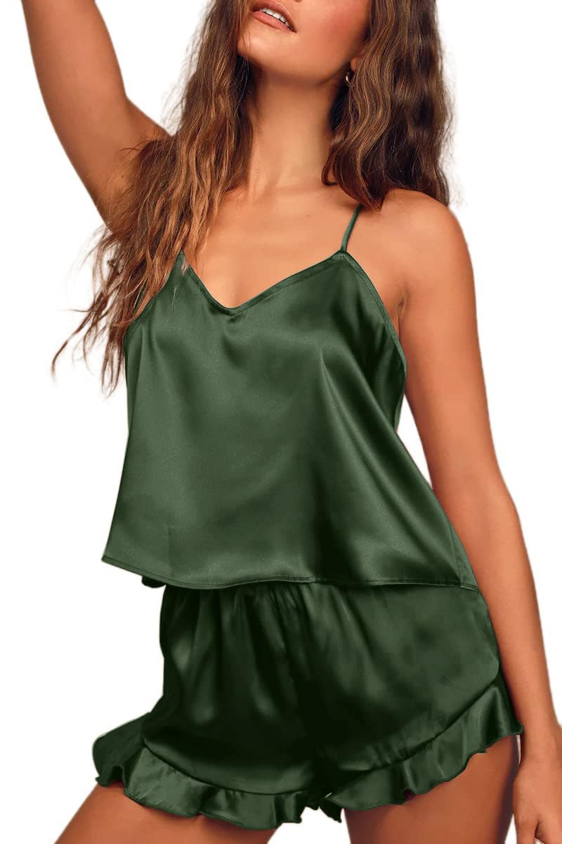 Silk Satin Pajama Set Camisole Top and Shorts with Ruffle Sleepwear