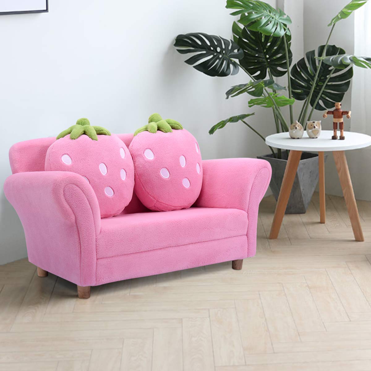 Pink Double Seat Children's Sofa with Strawberry Pillows, Soft Toddler Armchair for Bedroom & Living Room