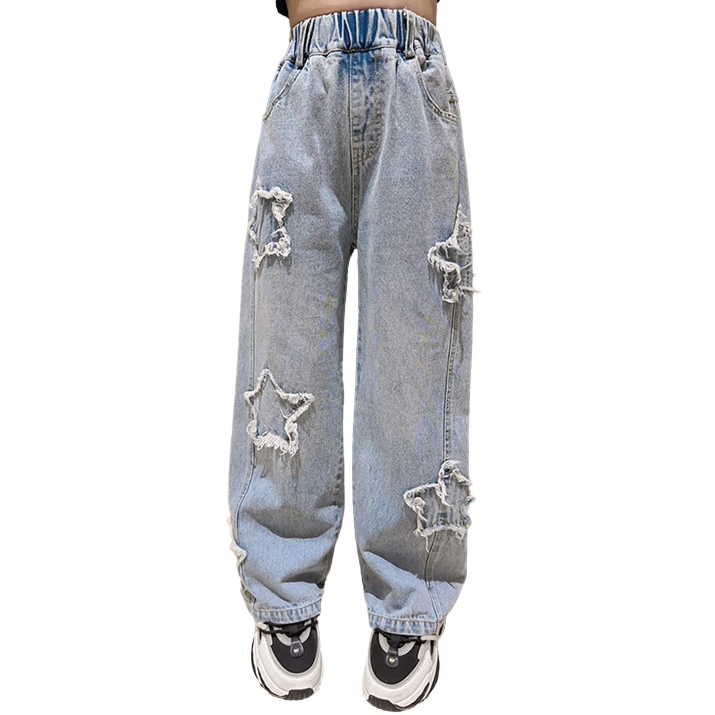 Girls Jeans Denim Elastic Wasit Wide Leg Baggy Pants