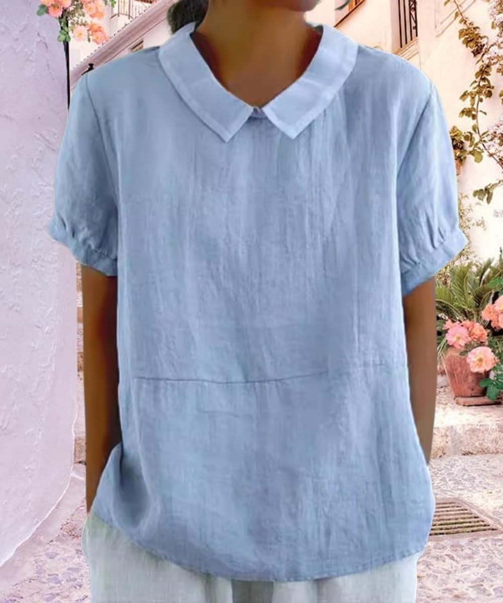 Cotton Linen Shirts Short Sleeve Casual Collared Work Blouse Tunic Tos