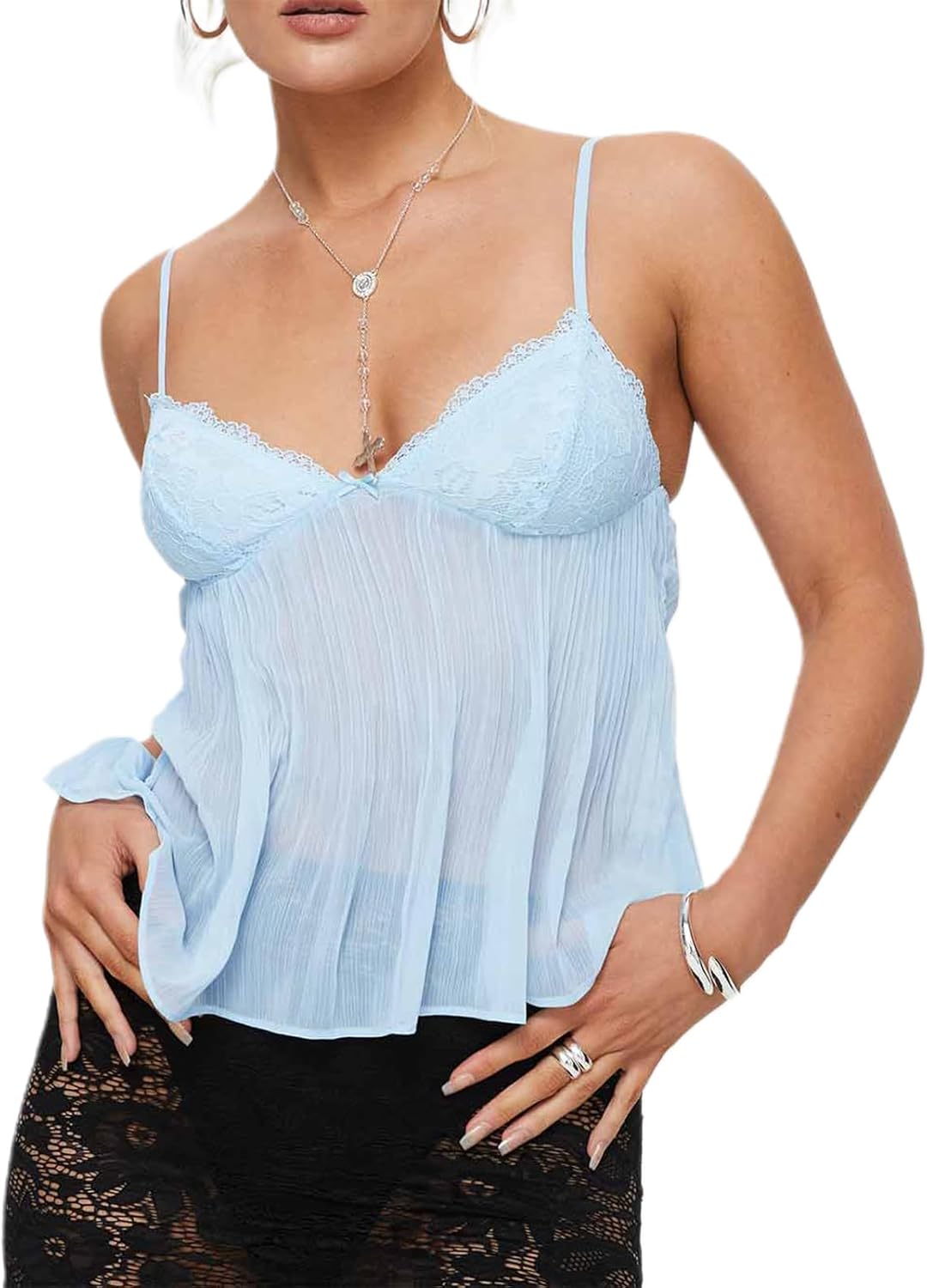 Women Ruffle Lace Patchwork Cami Tank Top Deep V Neck Backless A Line Camisole