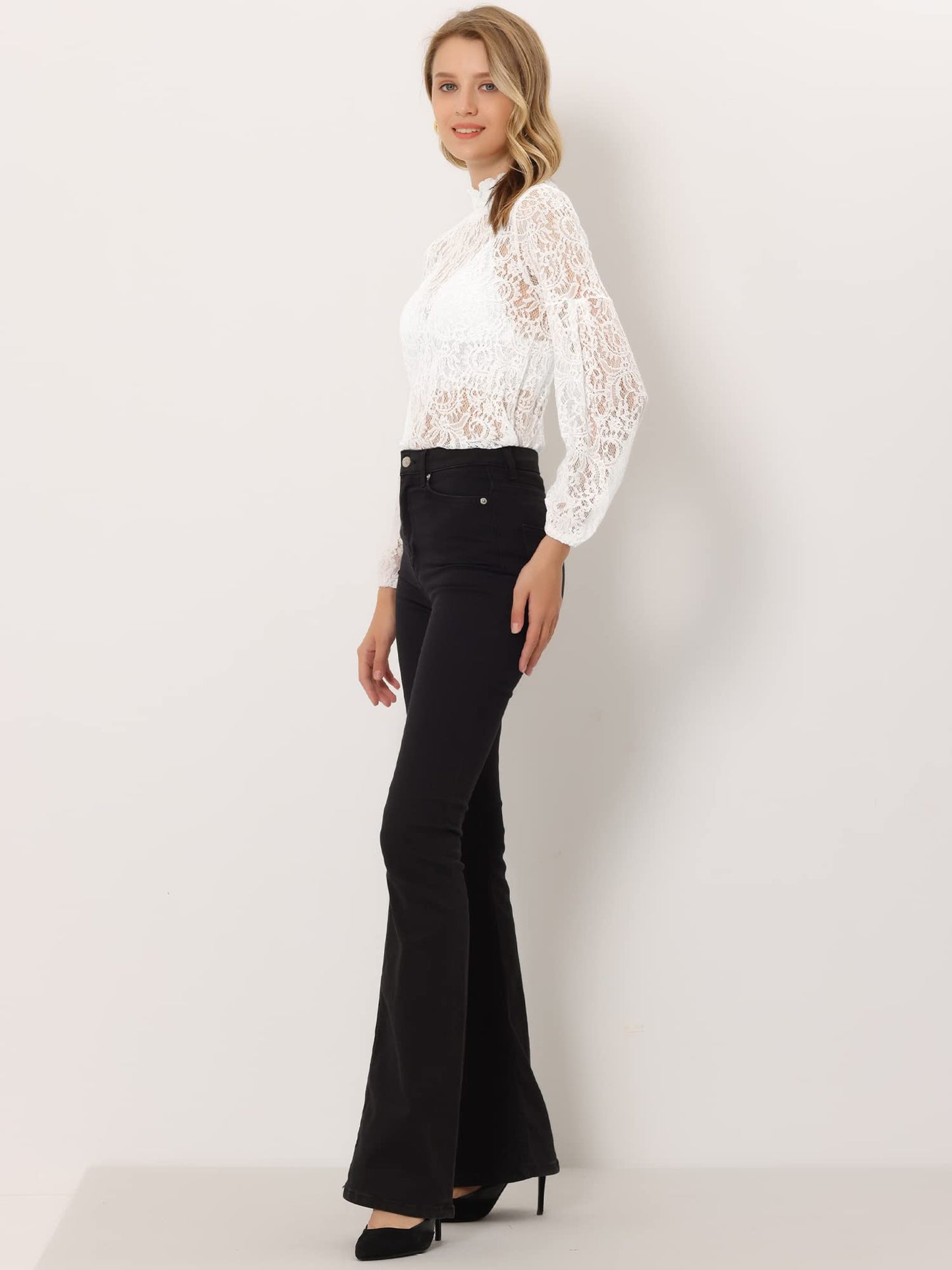 Floral Lace Top Turtleneck Puff Long Sleeve See Through Sheer Blouse