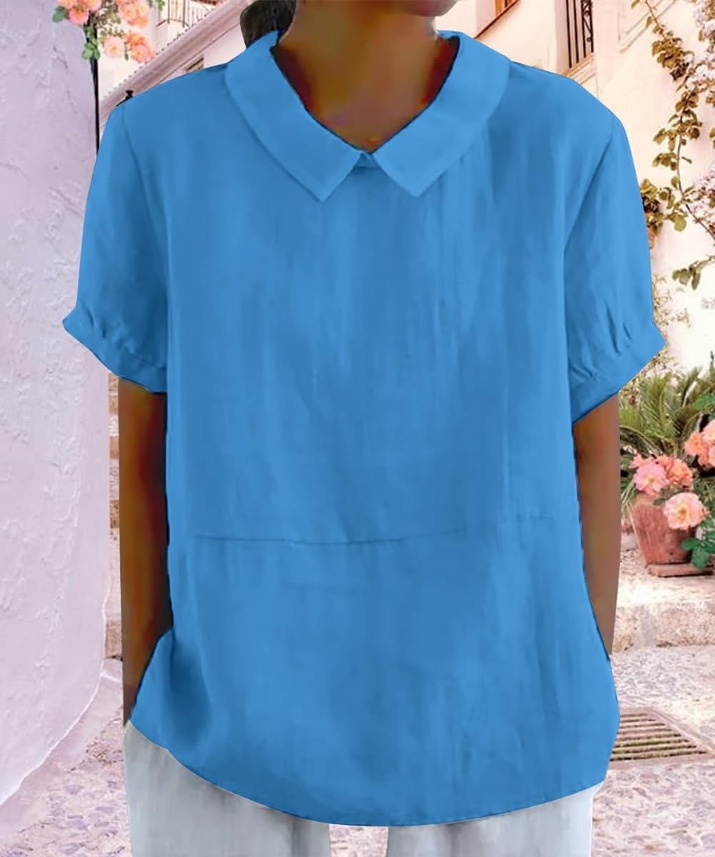 Cotton Linen Shirts Short Sleeve Casual Collared Work Blouse Tunic Tos