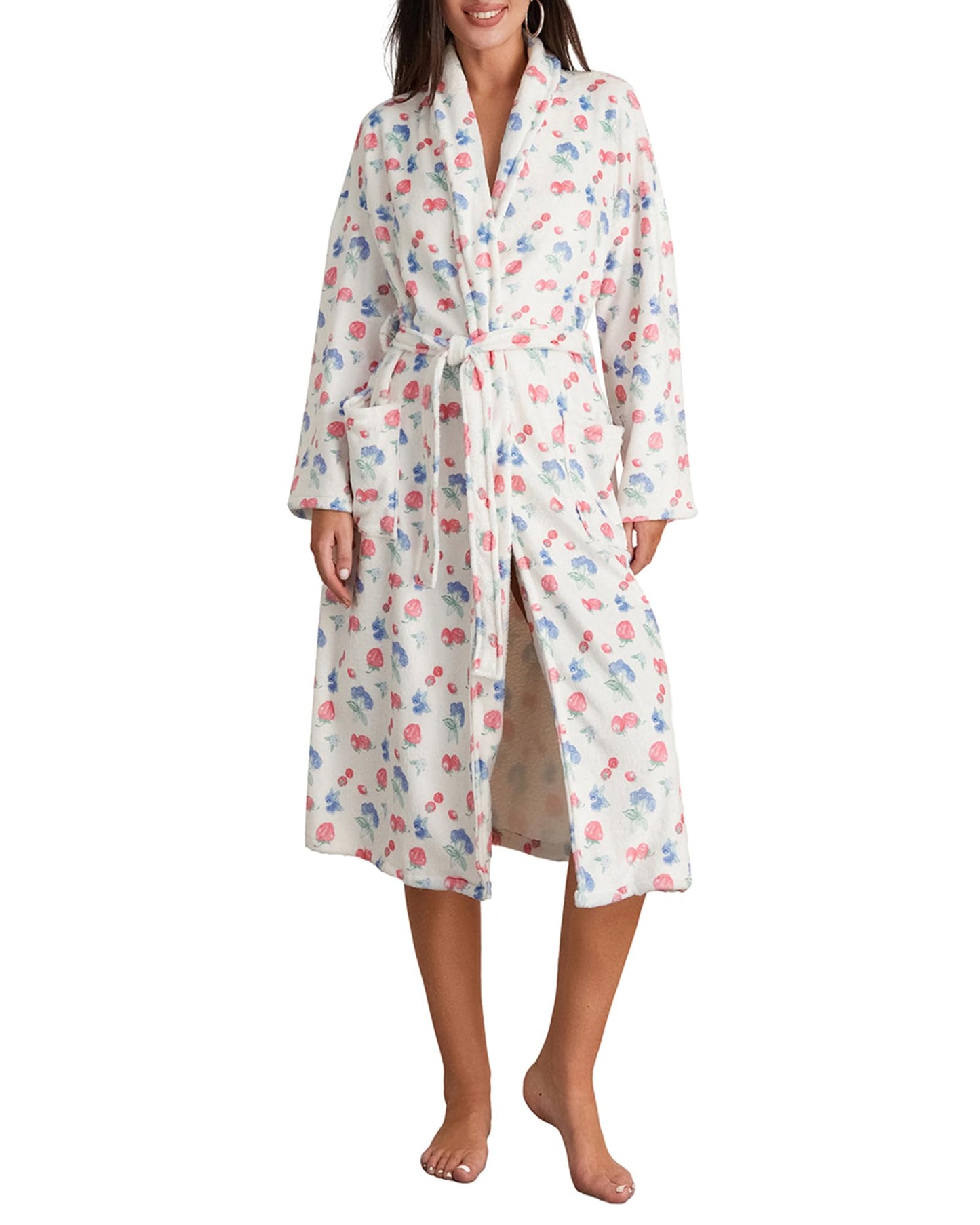 Women's Soft Floral Fruit Print Plush Shawl Collar Bathrobe with Belt