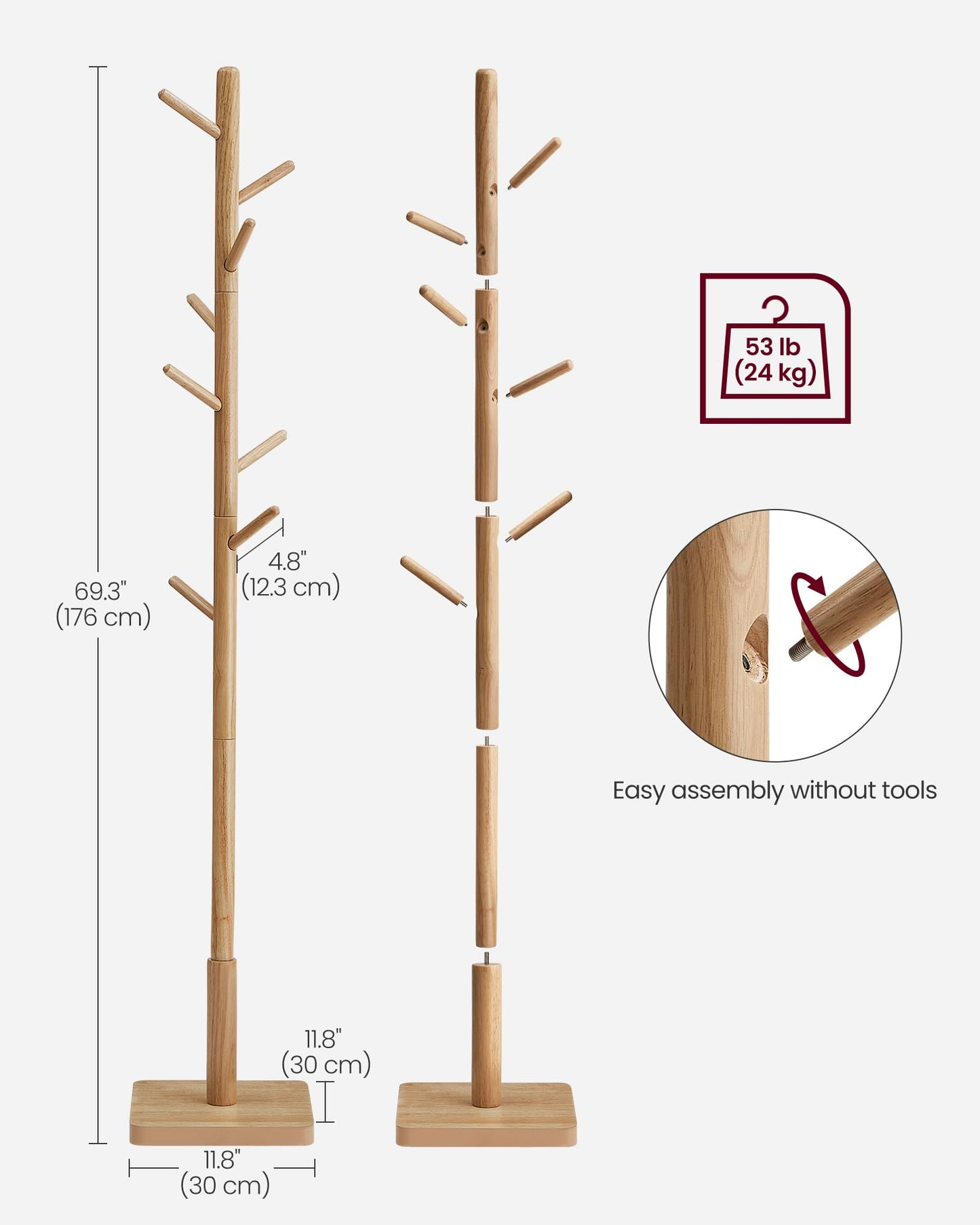 Solid Wood Coat Rack – Free-Standing Tree with 8 Hooks, Adjustable Height for Coats, Hats, and Bags