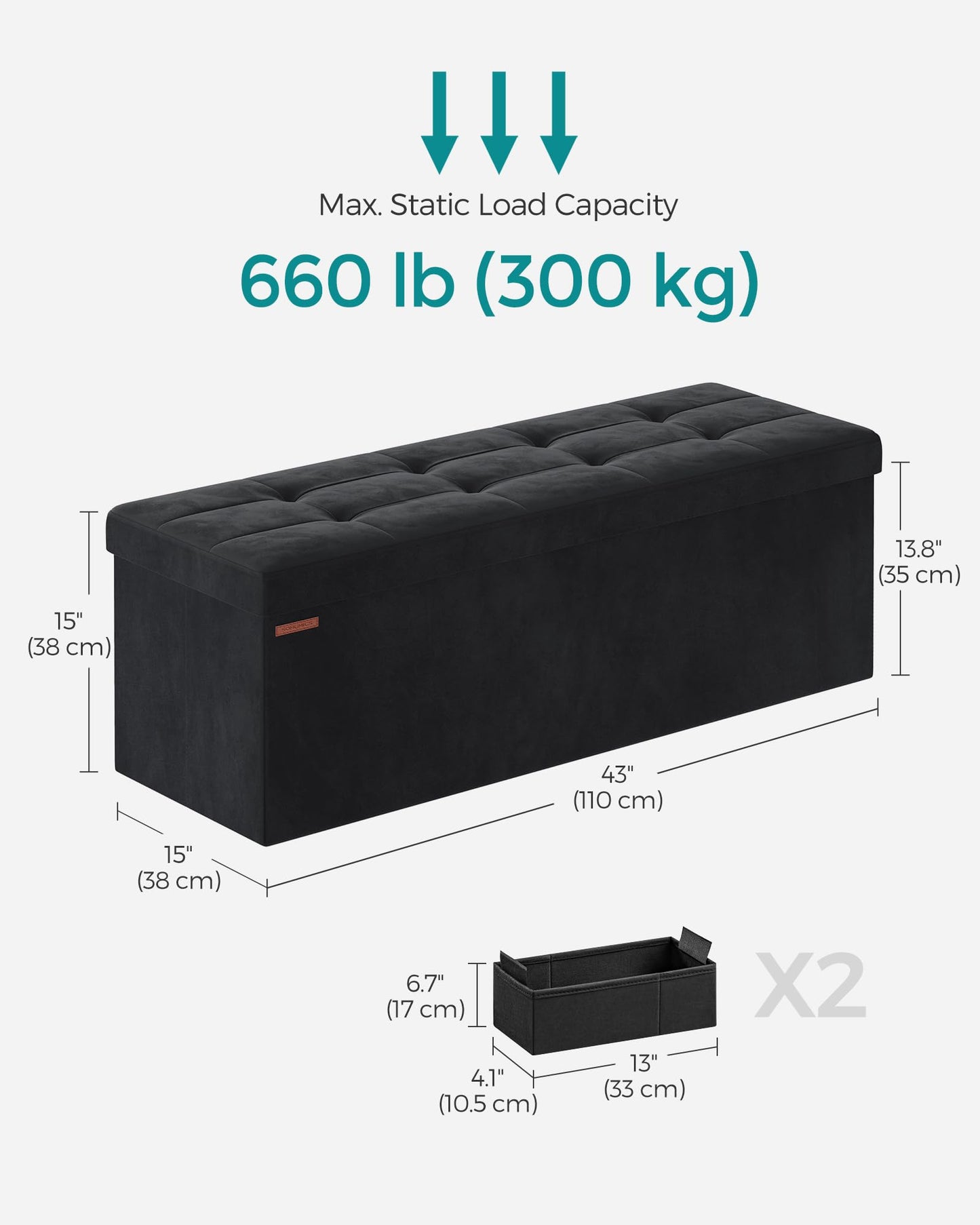 Foldable Storage Ottoman Bench – 15x43x15 Inches, Footrest and Storage Chest, 660 lb Capacity for Living Room, Bedroom, Entryway