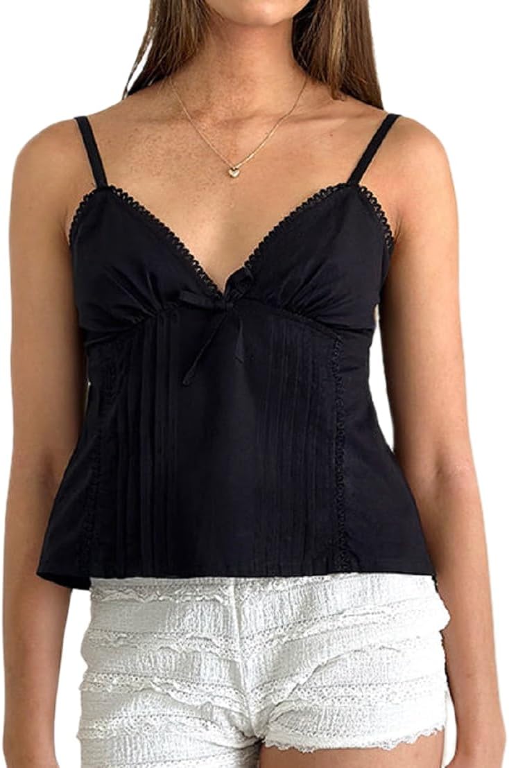 Women Y2k Crop Tank Top Low Cut Sleeveless Cami Top Sexy V Neck Spaghetti Strap Camisoles