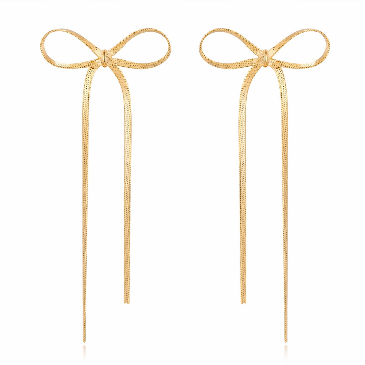 Gold Silver Bow Drop Earrings - Long Tassel Chain Bow Earrings