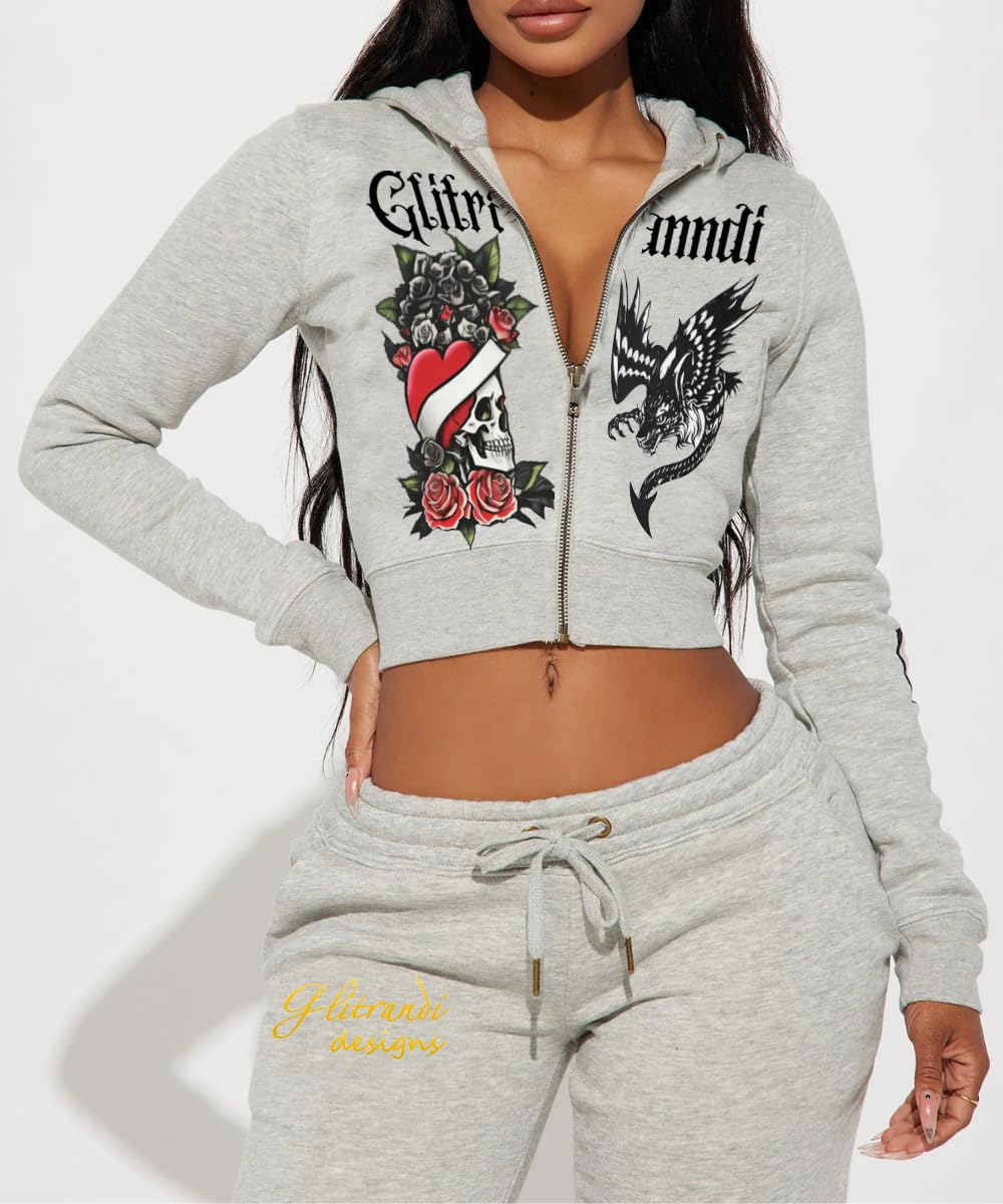 Womens 2 Piece Cropped Hoodies Jacket Sweatpants With Pockets Tracksuit