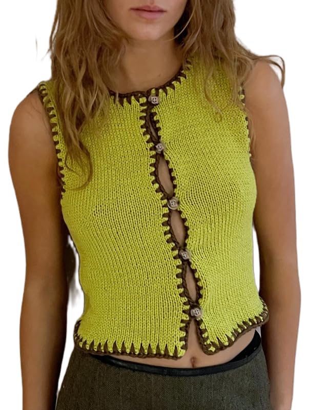 Women Y2k Knit Top Button Down Sweater - Solid Color Crochet Cardigan Top Streetwear