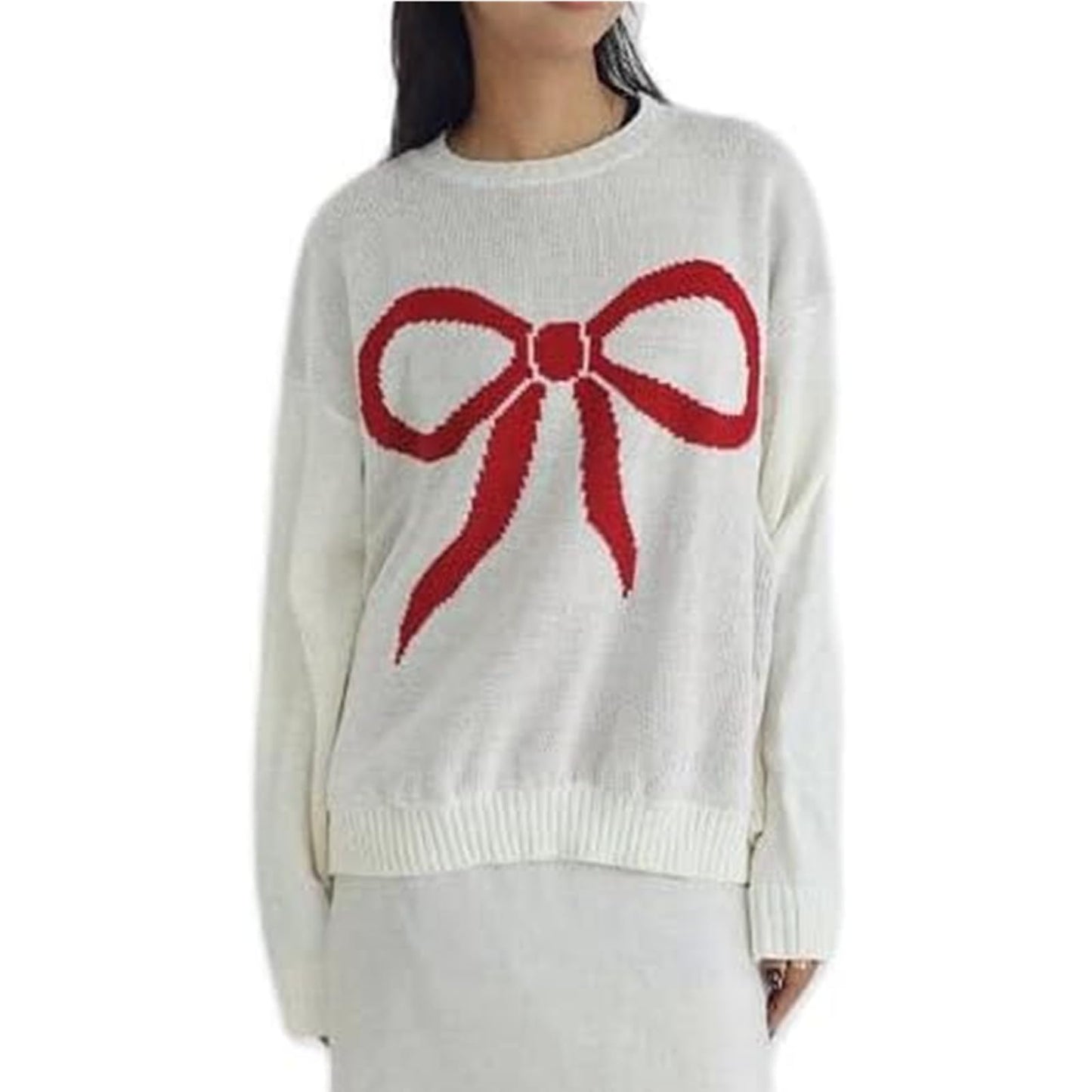 Women Oversized Y2K Fall Sweater Cute Bow Print Long Sleeve Cable Knit Pullover