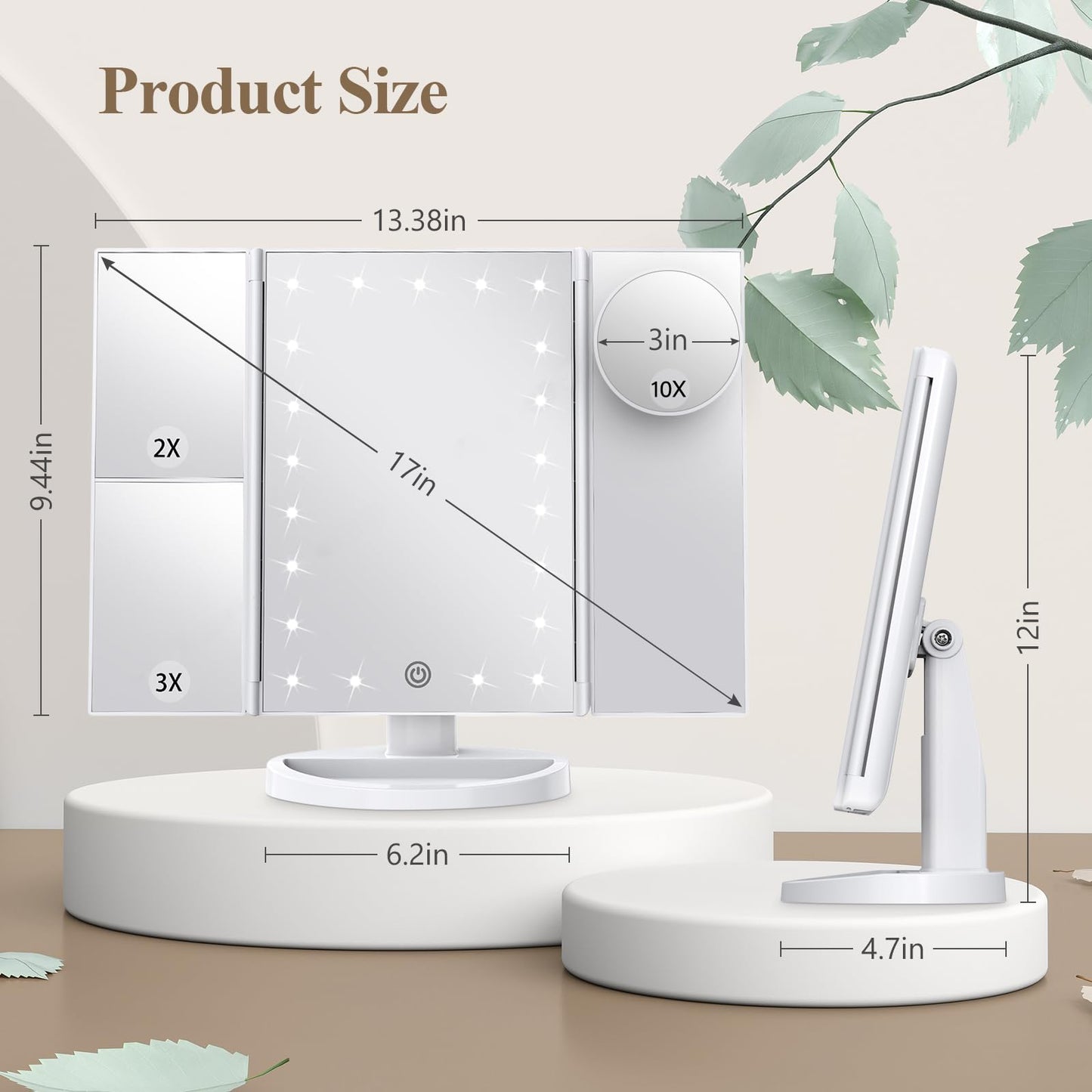 Makeup Mirror Vanity with Lights, 2X 3X 10X Magnification, Lighted Mirror, Touch Control, Trifold Dual Power Supply, Portable LED