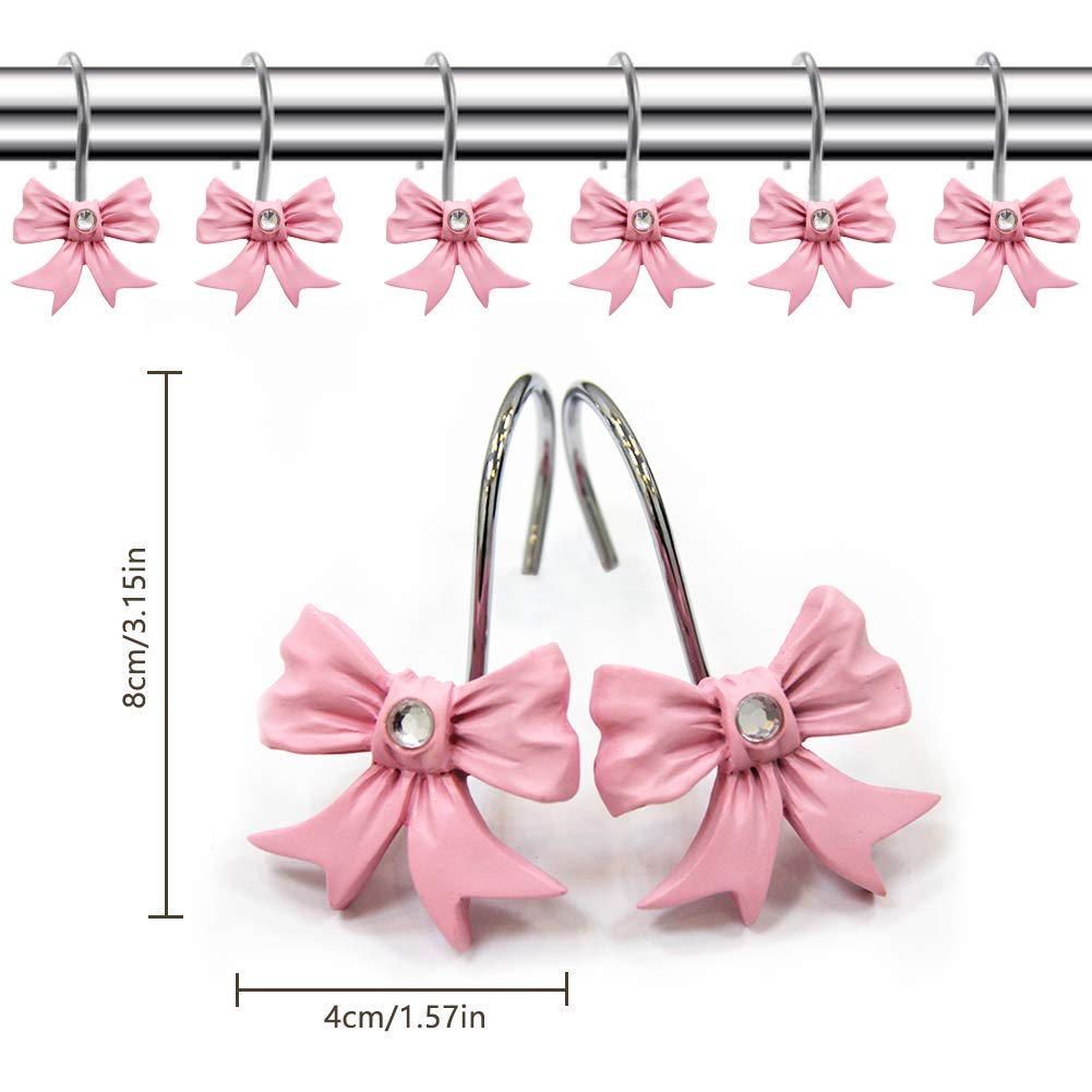 Pink Bow Knot Resin Curtain Hooks Shower Rings for Bathroom 12 PCS