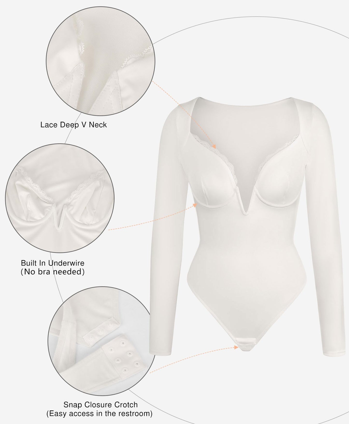 Lace Shapewear Bodysuit Long Sleeve Body suits -  Deep V Neck Tummy Control Corset Top