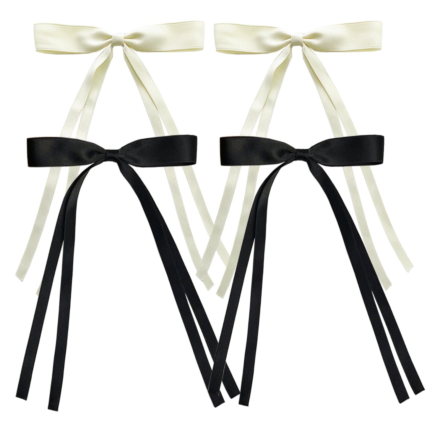 Satin 4-Piece Hair Ribbon Clips for Women and Girls – Pink and Beige Long Tail Bow Hair Accessories