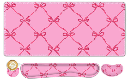 Hot Pink Bow Large Mouse Pad Desk Pad Set, Wrist Rest Support Desk Mat for Keyboard Mouse, 35.4”x15.7