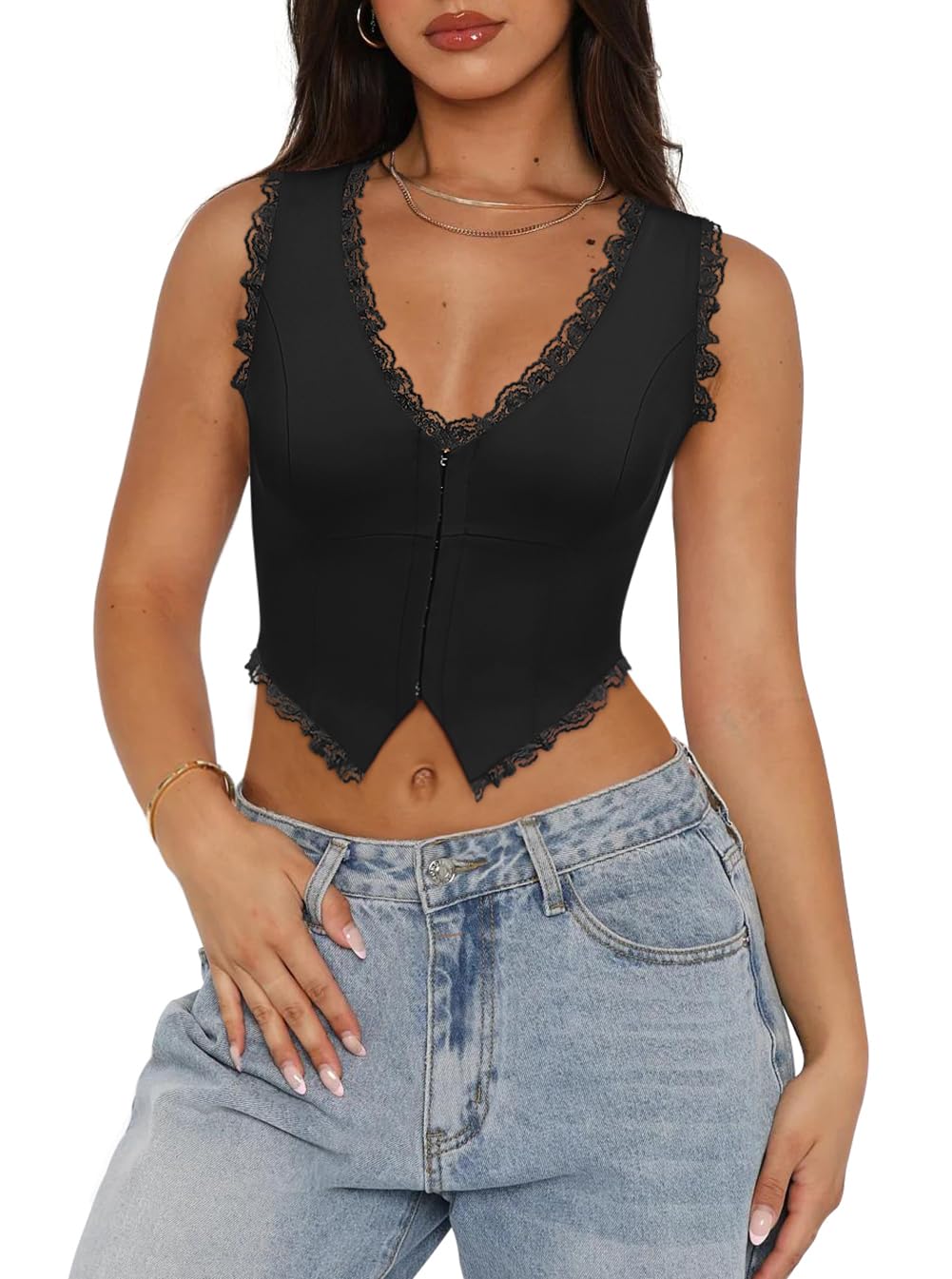 Sexy Lace Top Neck Sleeveless Y2K Cropped Tank Top