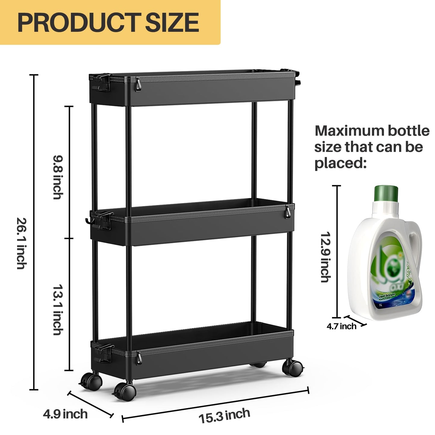 Slim Rolling Storage Cart, 3 Tier Bathroom Organizer