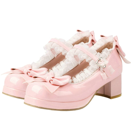 Women Kawaii Mid Block Heel Mary Jane Pumps with Bow Chunky Platform