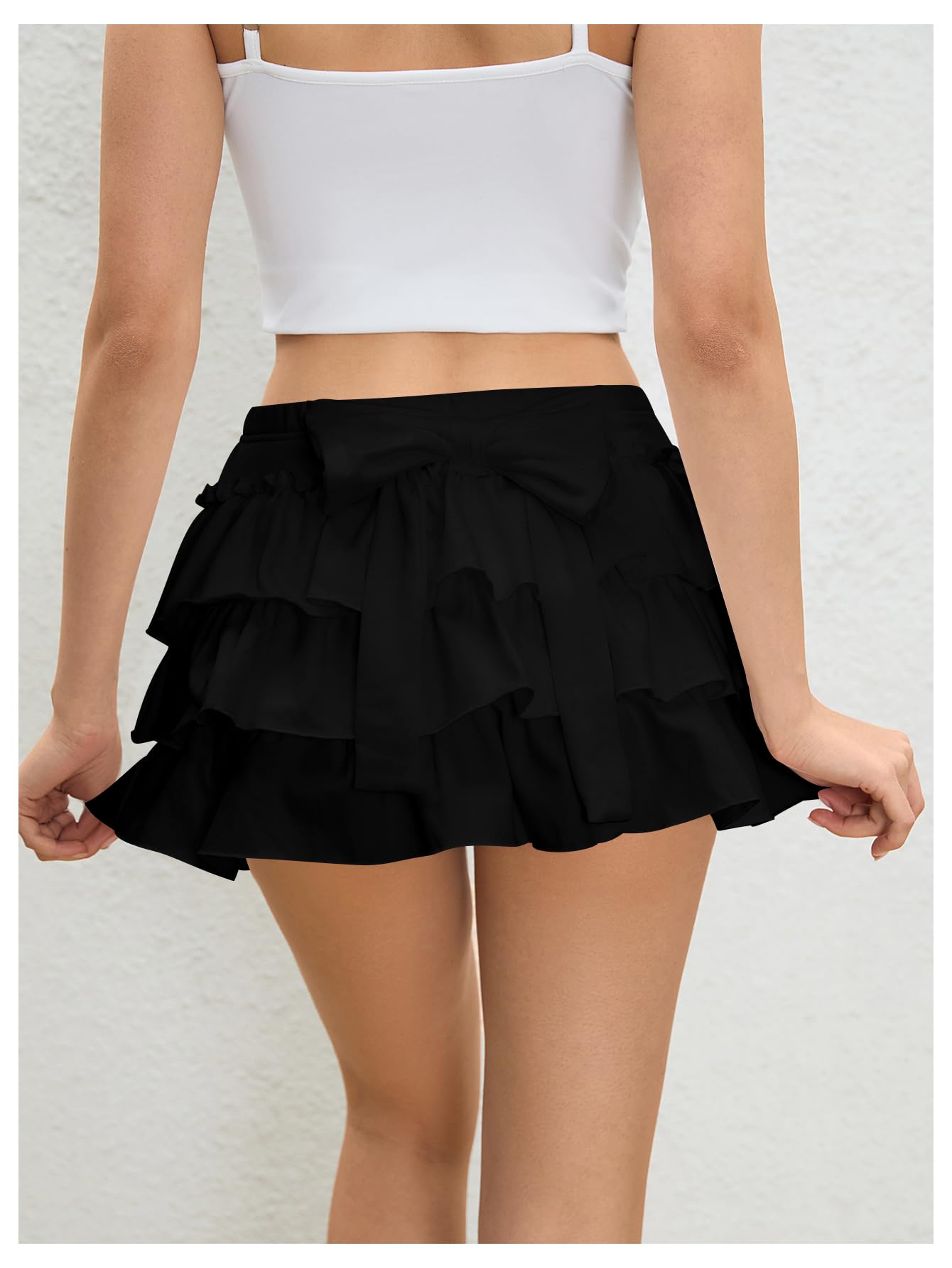 Women's Bow Back Mini Skirt Elastic Low Waist Layered Ruffle Hem Short Cake Skirts