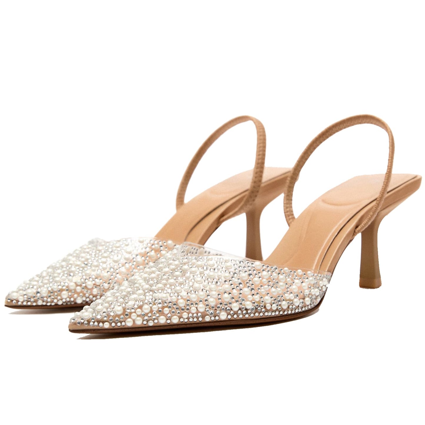 Women's Sparkly Rhinestone Slip On Clear Slingback Kitten Heels with Pearl Studded Pointed Toe