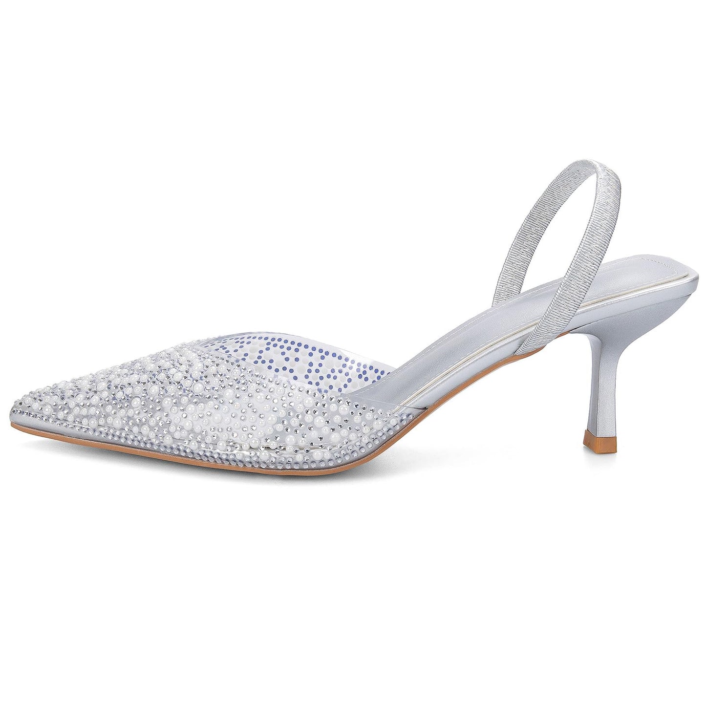 Women's Sparkly Rhinestone Slip On Clear Slingback Kitten Heels with Pearl Studded Pointed Toe