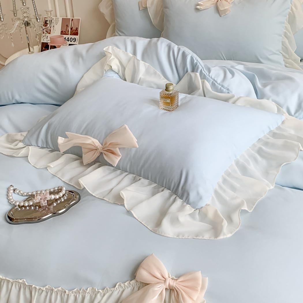 Princess Style Lace Bedding Comforter Cover Set, Chic Ruffled Duvet Cover with Lovely Bow, 1 Duvet Cover with 2 Pillowcases, No Comforter