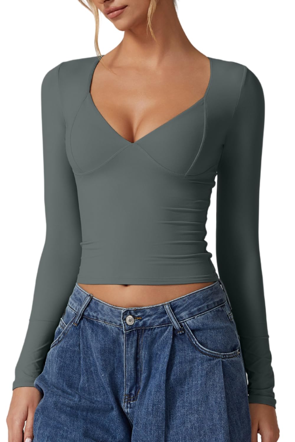 Women's Long Sleeve V Neck T Shirts - Double Lined Crop Top Seamed Cup