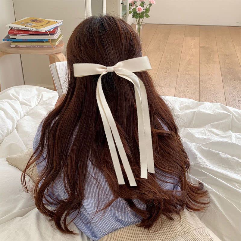 Satin 4-Piece Hair Ribbon Clips for Women and Girls – Pink and Beige Long Tail Bow Hair Accessories